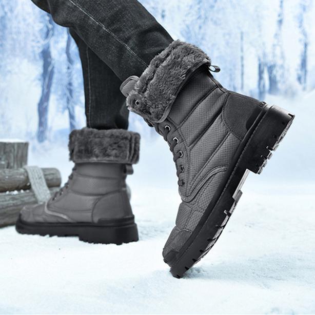 Thick plush lined mid calf snow boots for men | Anti-skip low heel boots for outdoors hiking
