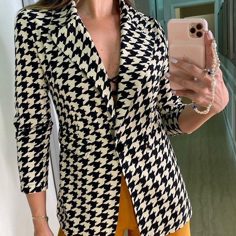 Women's patterned print one button lapel blazer office suit with pockets