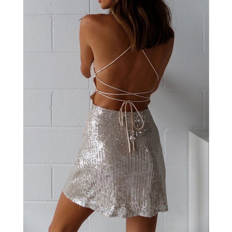 Sexy beige sequins shining backless tie-up mini dress | Evening party dress