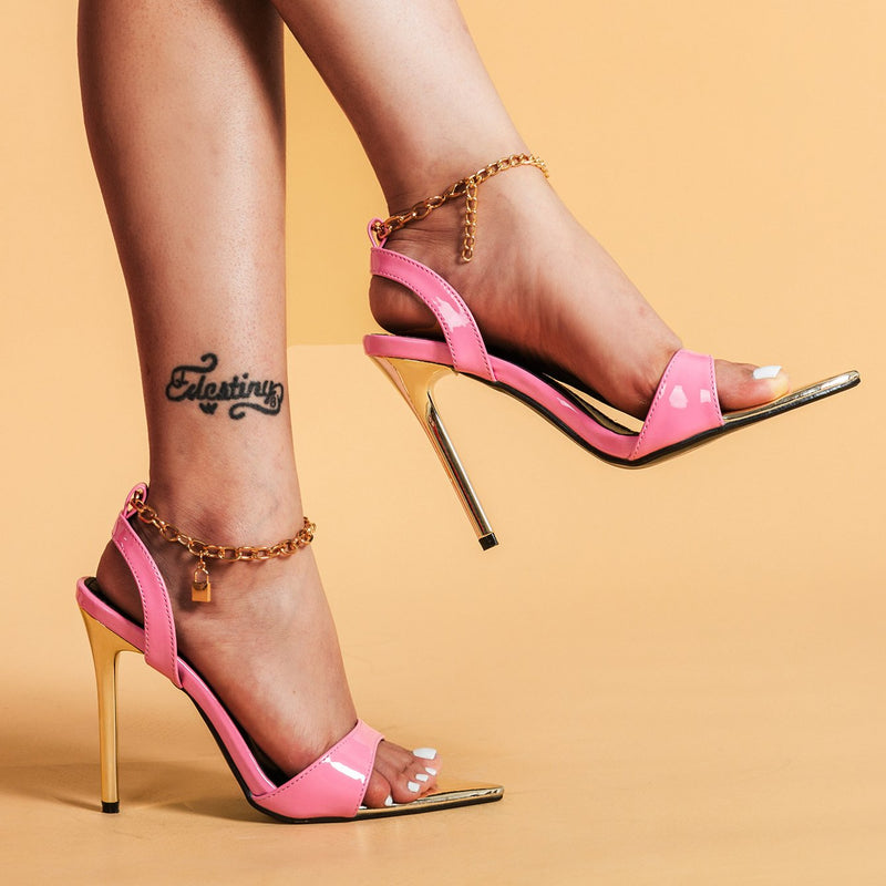 Ankle metal chain pointed peep toe stiletto high heels