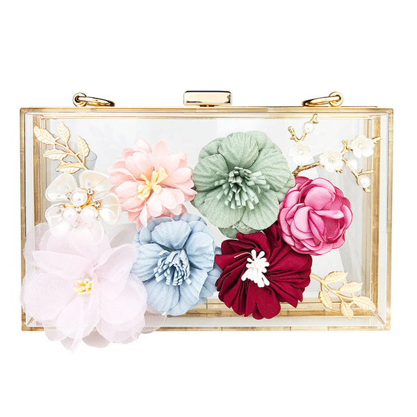 Flower decoration arcylic transparent handbag Clear rectangle clutch evening bag