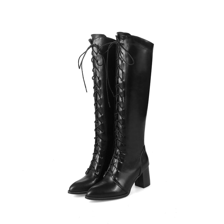 Pointed toe lace-up block heel knee high boots for women