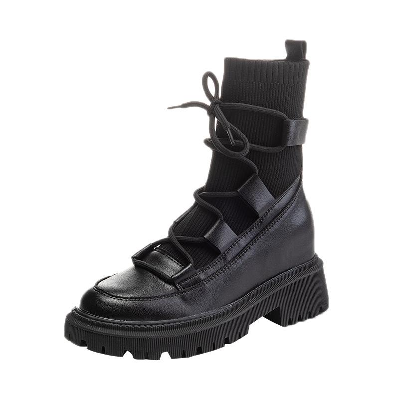 Women's black knit cuff chunky low heel combat boots