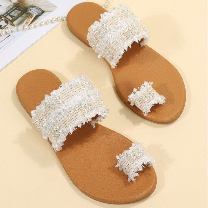 Women's pearls toe ring sandals Bohemia cute sandals Beach slides