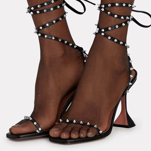 Sexy rivets studded black ankle lace-up stiletto heels sandals