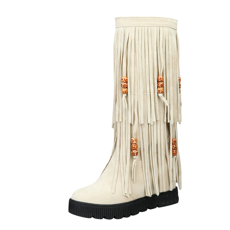 Ethnic beads tassels low heel mid calf boots