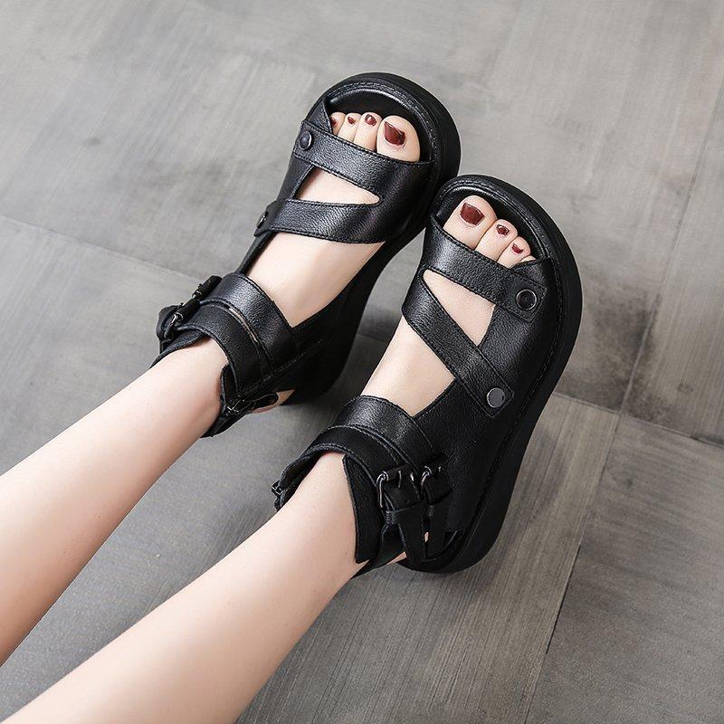 Women's retro soft PU leather low wedge sandals