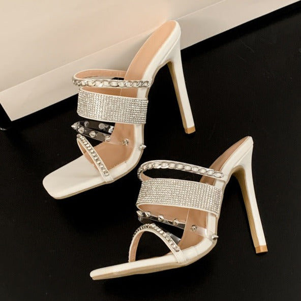 Sexy rhinestone studded stiletto heels square peep toe stappy backless heels