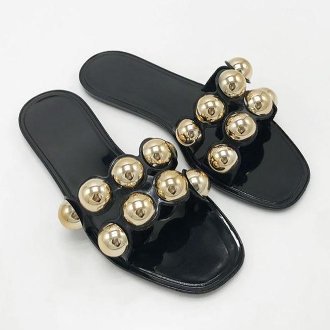 Women's metal pearls jelly slide sandals peep toe cute slippers