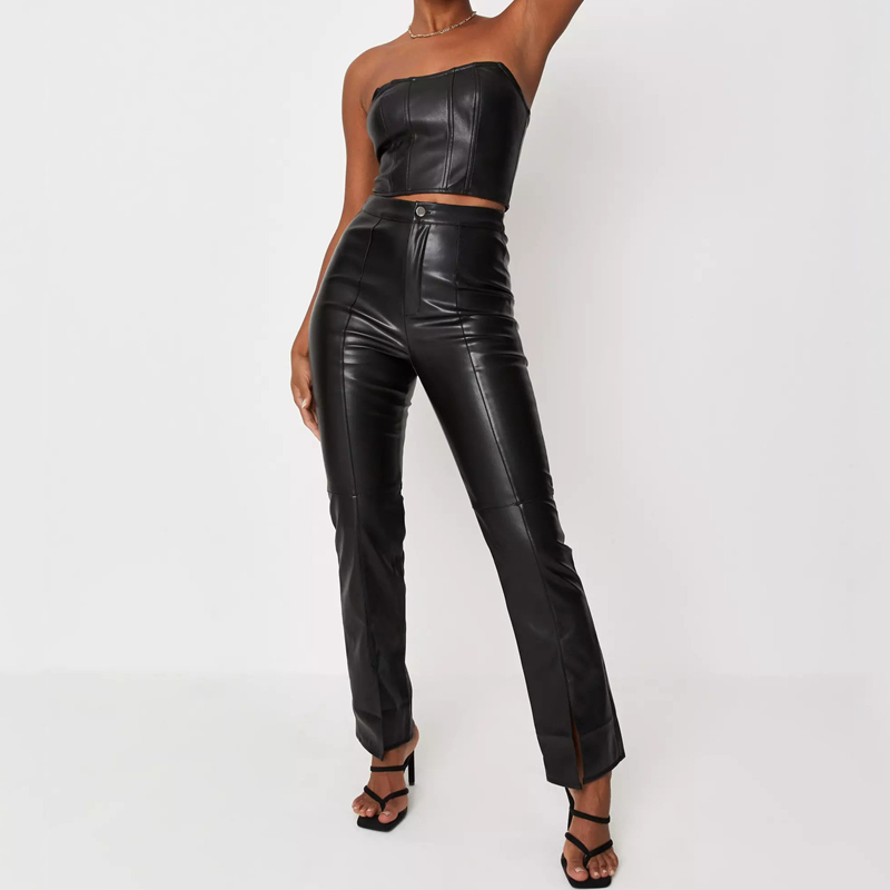 Women's faux leather slit hem pants | PU leather bell bottom flare pants