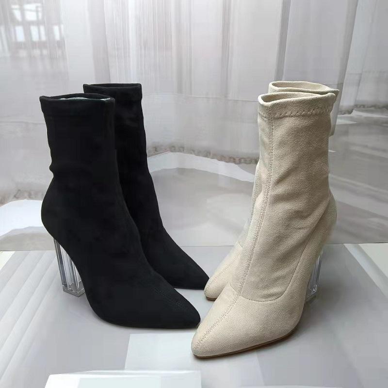 Sexy clear high heels faux suede booties