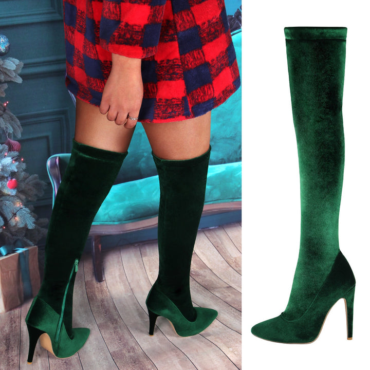 Women's velvet green red Christmas New year thigh high boots