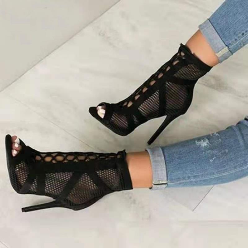 Women's black sexy peep toe hollow lace-up high heels booties