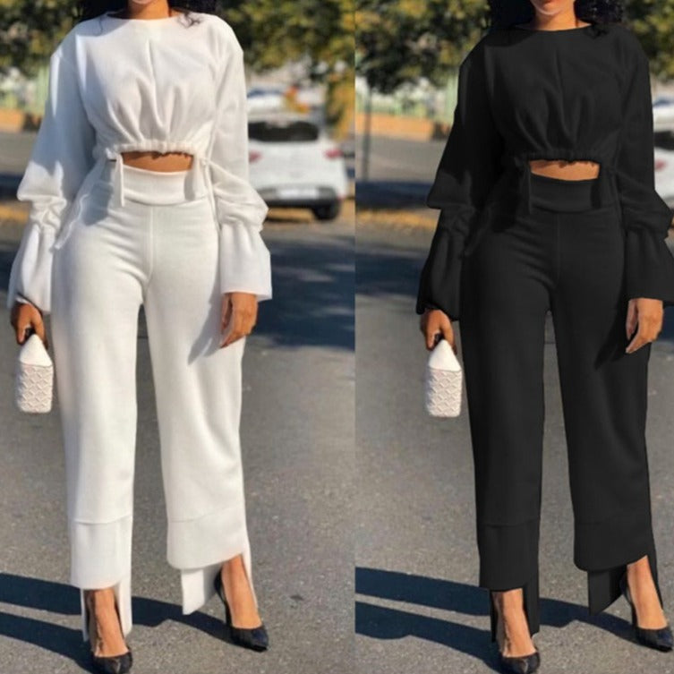 Women's long sleeves cropped ruched tops & long trousers 2 pieces outfits