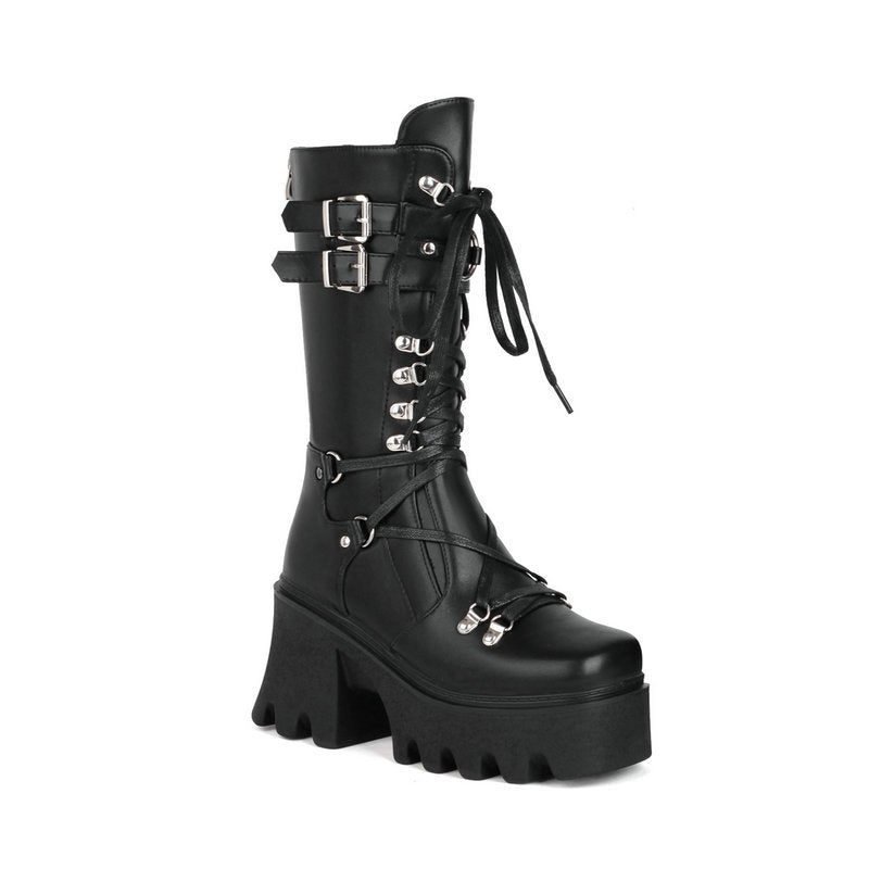 Women's black chunky platform motorcycle boots Steampunk bukcle strap biker boots Chunky combat boots