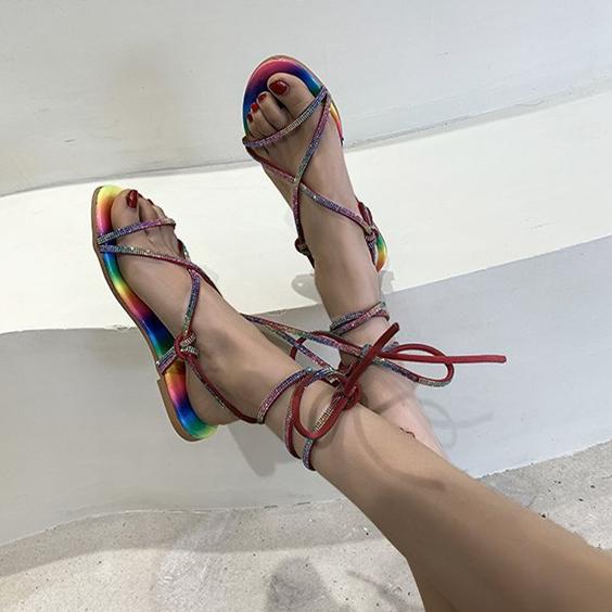 Women's rainbow rhinestone flat lace-up sandals