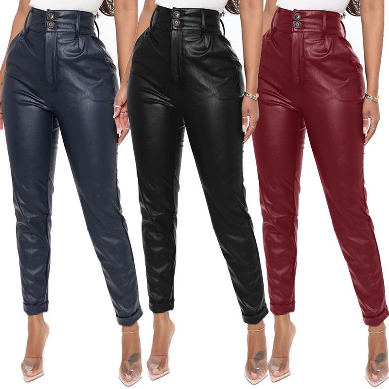 Women's PU leather high waist button high waist pencil pants