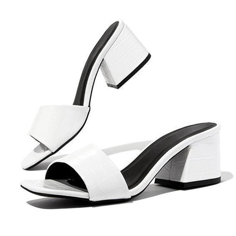 Women's square peep toe block heels sandals summer backless slip on heels