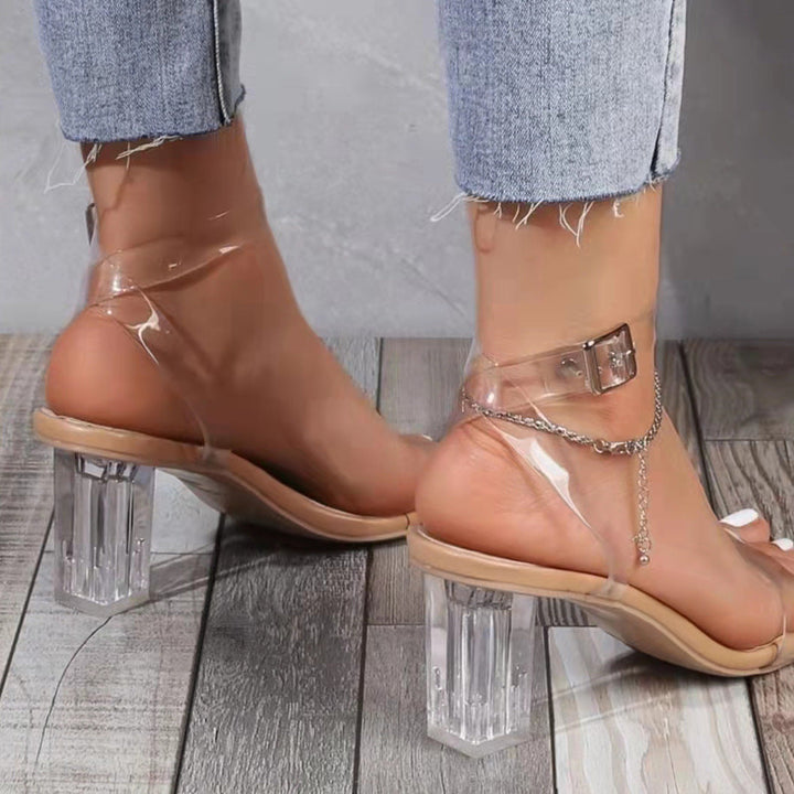 Women's clear crystal ankle strap chunky heels | Summer transparent buckle heels
