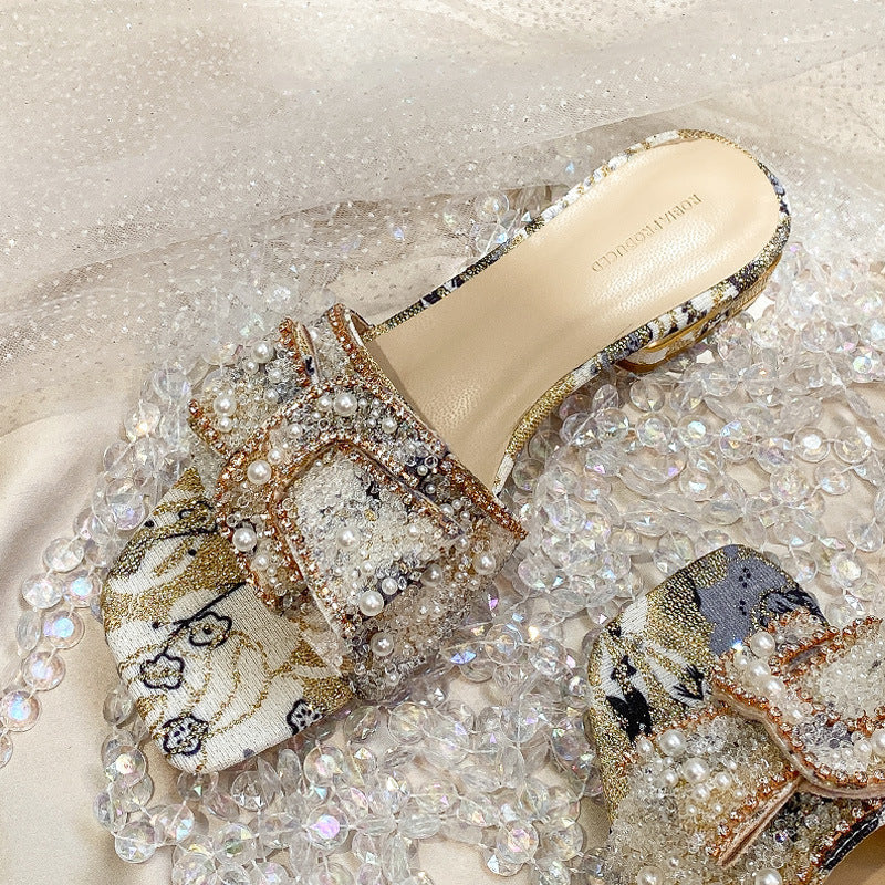 Retro pearls summer slides | Open toe low heel slip on sandals