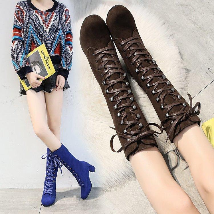 Faux suede lace-up chunky high heel tall boots for women