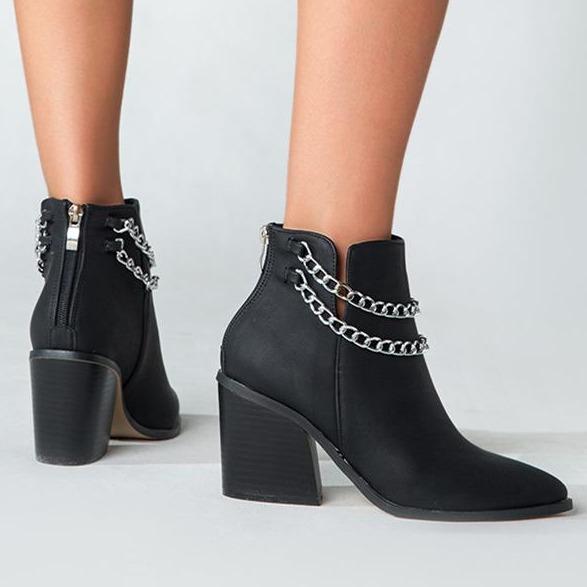 Women's stacked block heel pointed toe ankle booties with metal chains