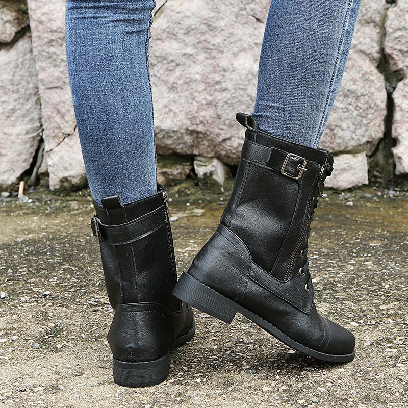 Women's low heel lace-up mid calf biker boots