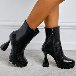 Women's black snakeskin wine glass high heels mid calf boots