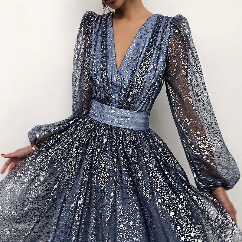 Lady's sexy sequins shining mesh belted midi dress | V neck wrap long sleeves evening cocktail party prom dress