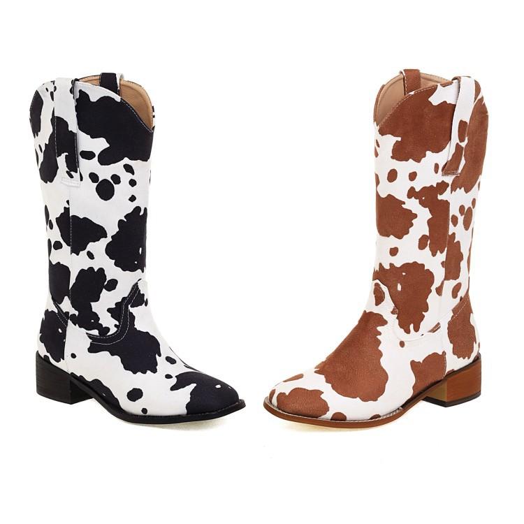 Black white cow-print mid calf boots