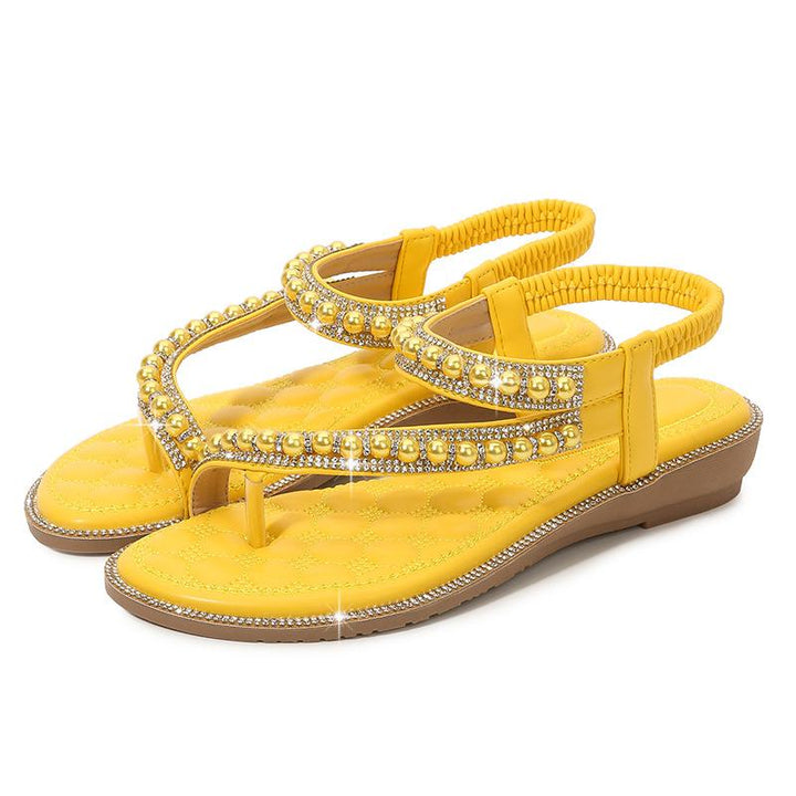 Pearls rhinestone elastic band sandals summer boho flat beach sandals