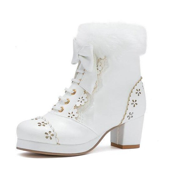 Women's sweet floral carved lolita block heel booties | Bowknot lace-up fuzzy cuff martin boots