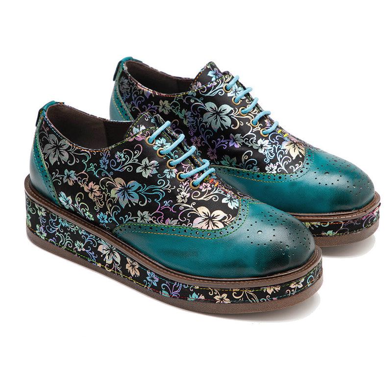 Women's green flower print brush off lace-up brogue loafers shoes vintage leather chunky platform loafers