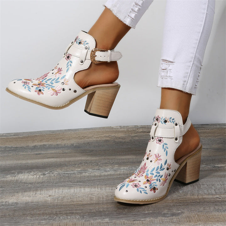 Women's flower embroidery stacked heels booties | Spring summer cutout ankle boots