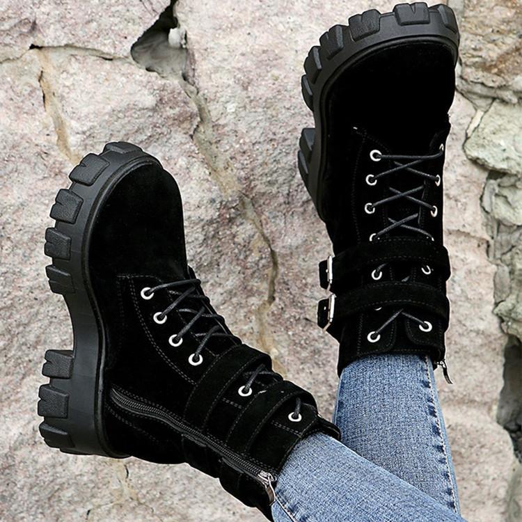 Women black faux suede buckle strap front lace booties | Steampunk chunky platform short combat boots