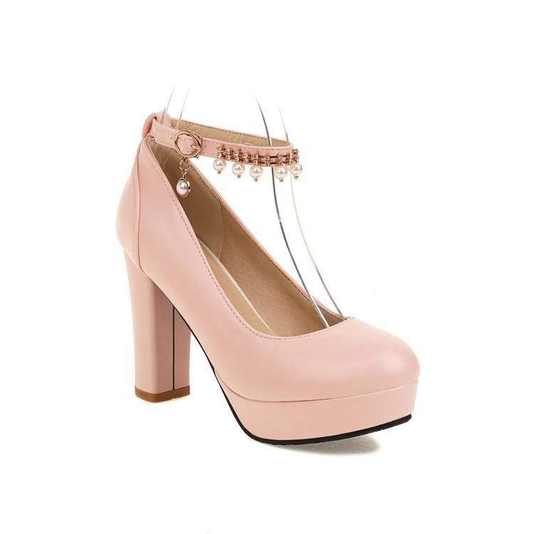 Women's pearls beads d¨¦cor ankle buckle strap chunky high heel pumps