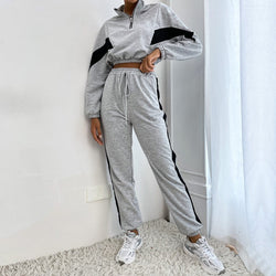 Women's gray cropped sweatshirts & long sweatpants 2 pieces workout fitness tracksuits