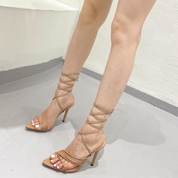 Pointed toe strappy sexy ankle lace-up stiletto high heels