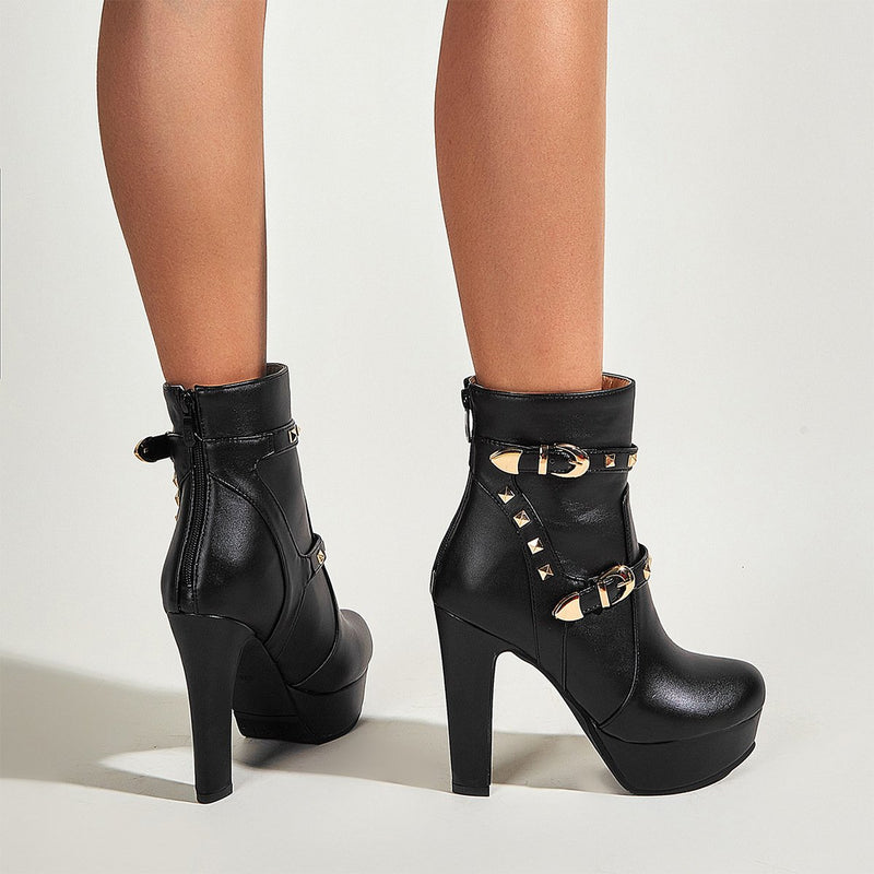 Women black rivets strap steampunk chunky high heel ankle booties