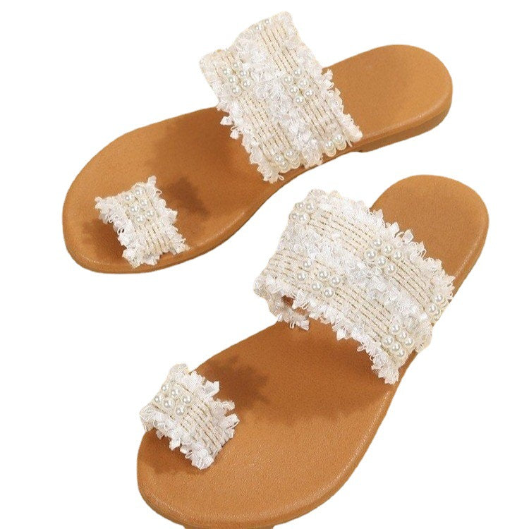 Women's pearls toe ring sandals Bohemia cute sandals Beach slides