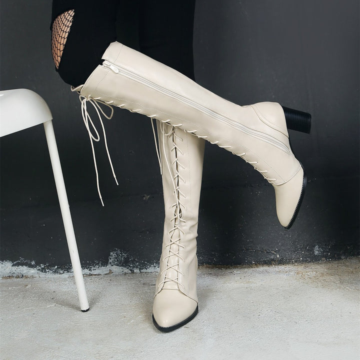 Pointed toe lace-up block heel knee high boots for women