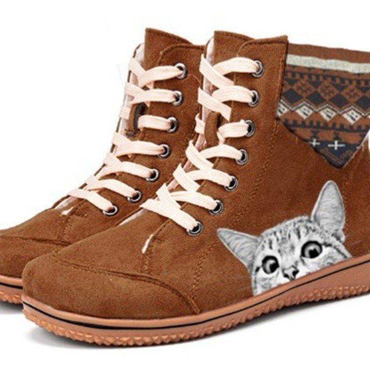 Women's cute cat print lace-up boots