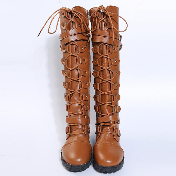 Lace-up tall knight boots low heel