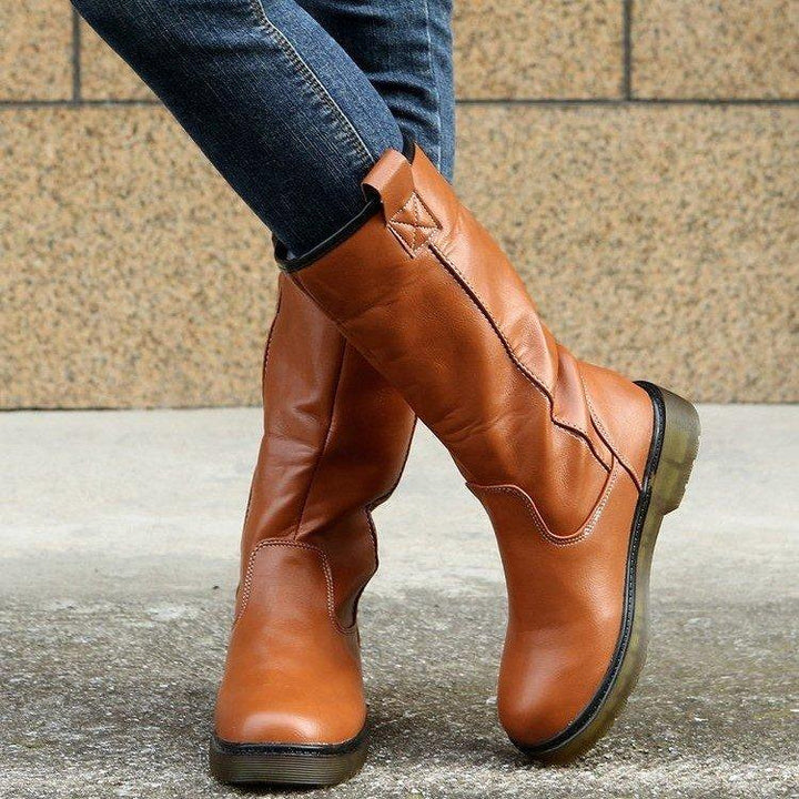 Women's brown round toe mid calf boots