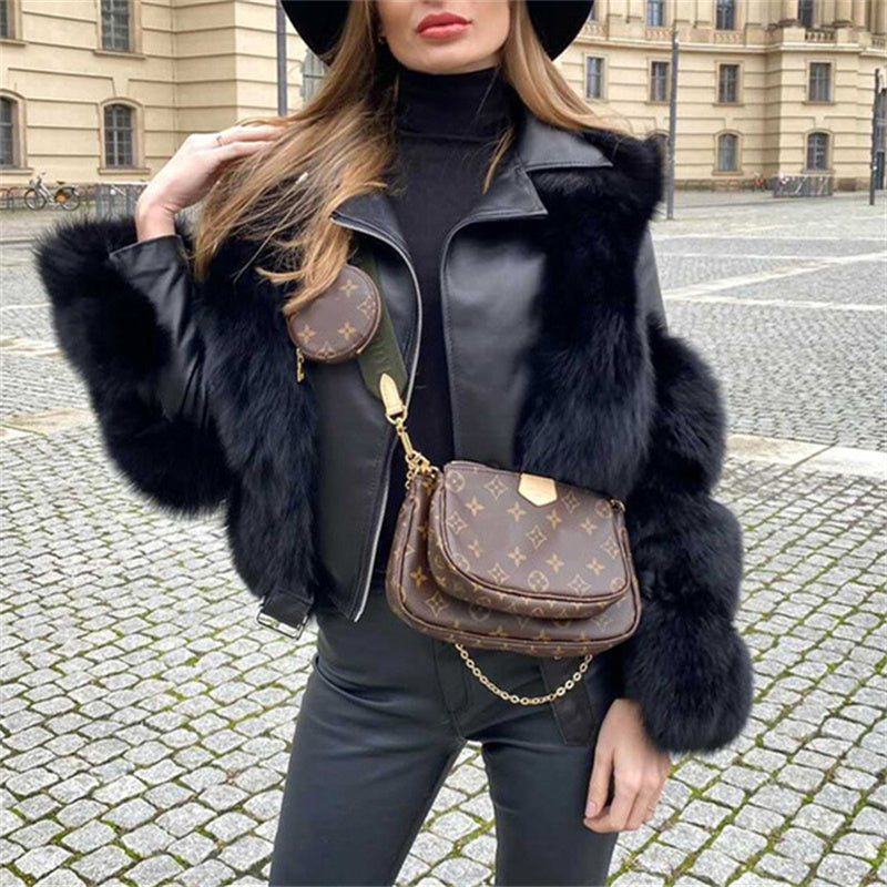 Women's black fur and PU leather patchwork coat