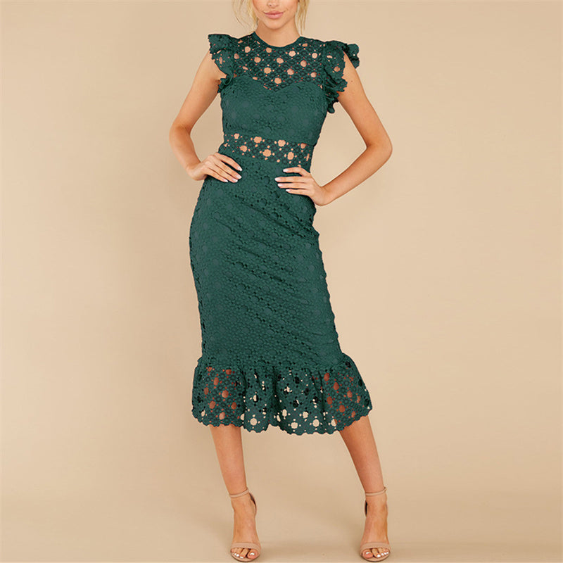 Women's sweet french style sleevesless lace midi dress | Spring summer party dress