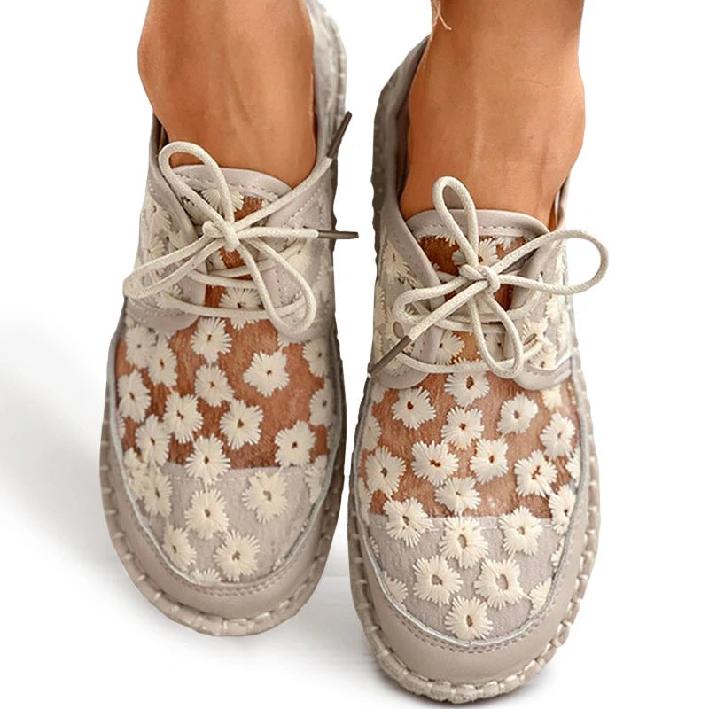 Women's flower embroidery lace mesh front lace sneakers | Chunky platform canvas shoes