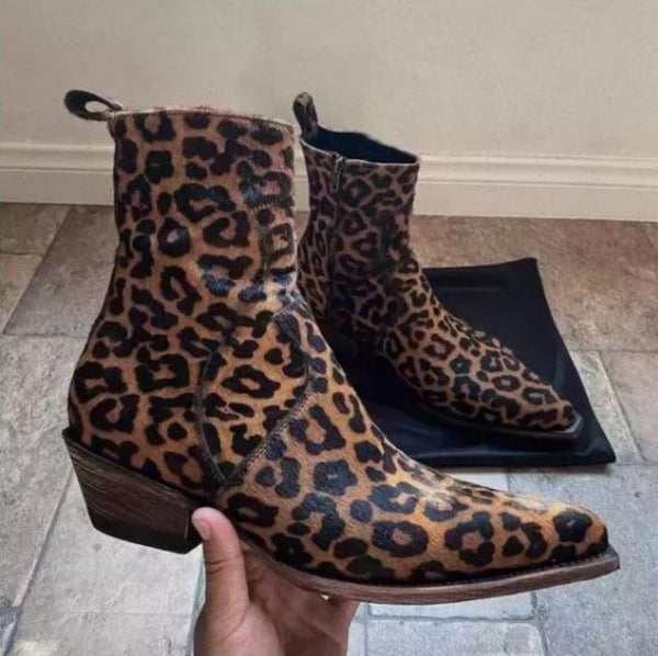 Men's leopard ankle boots Pointed toe dress booties with side zipper