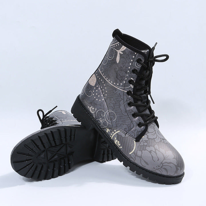 Floral print gray mid calf combat boots women's round toe lace-up booties