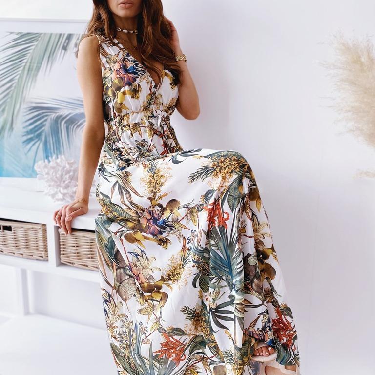 Women's sleeveless floral print wrap backless maxi dress back lace-up sundress